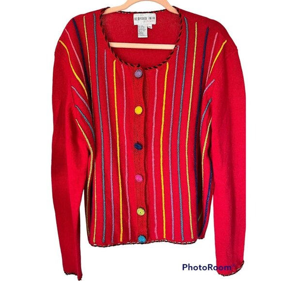Bedford Fair Button-Up Sweater XL Vibrant Stripes Rainbow Buttons Vintage - Picture 1 of 7